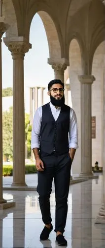 Aalim Muhammed Salegh, Academy of Architecture, young male, Arab, 25yo, stylish hair, beard, glasses, white dishdasha, black vest, casual shoes, holding a model of a building, standing in front of a m