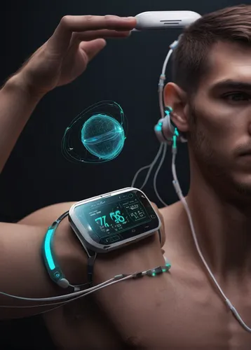 Imagine a futuristic world where calorie trackers are implanted directly into people's bodies.,wearables,medical concept poster,smartwatch,pulse oximeter,heart monitor,smart watch,bluetooth headset,me