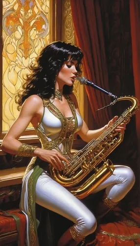 A sex female character playing an instrument,harp player,saxophone player,harpist,saxophone,flautist,saxophonist,wind instrument,sackbut,gold trumpet,sax,trumpet player,saxhorn,the flute,woodwind inst