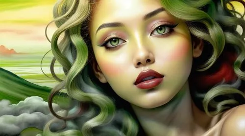 nude Beautiful nigerian girl, full dark curly hair, big green  eyes, full red lips, misty sky,an artistic image of a woman with her green hair in the wind,airbrush,world digital painting,dryad,backgro