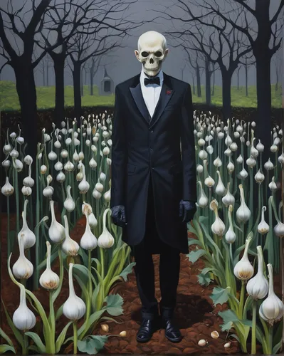 In a spooky old garden, eerie shadows dance around a row of garlic bulbs planted to ward off vampires.,white onions,garlic bulbs,cultivated garlic,spring onions,suit of spades,hardneck garlic,graves,h