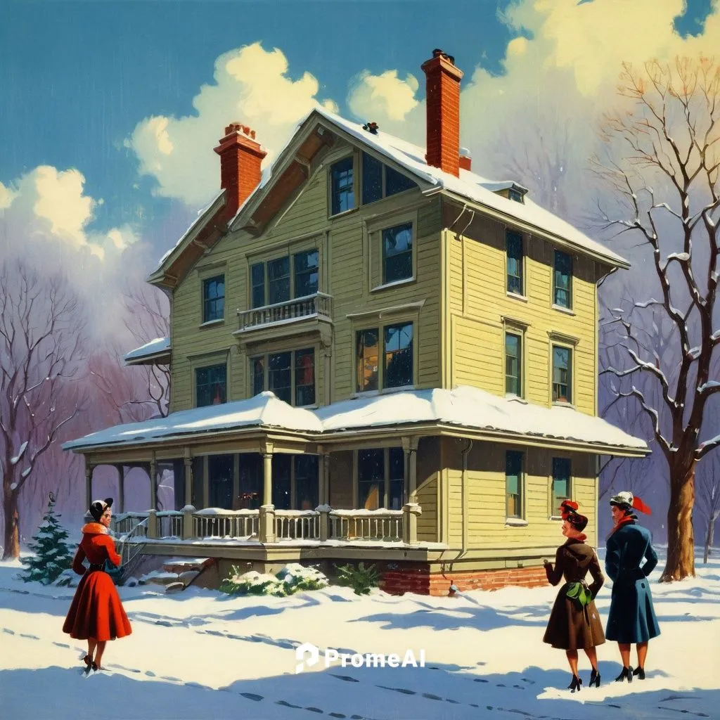 Architectural Illustration,snow scene,woman house,doll's house,winter house,christmas scene,house painting,house purchase,henry g marquand house,house sales,carolers,flock house,christmas story,carol 