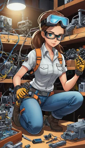 female worker,mechanic,repairman,blue-collar worker,technician,engineer,maintenance,electrical supply,soldering iron,worker,electrical contractor,electrician,tool belts,ironworker,car mechanic,tradesman,welder,women in technology,tinkering,auto mechanic,Illustration,Japanese style,Japanese Style 07