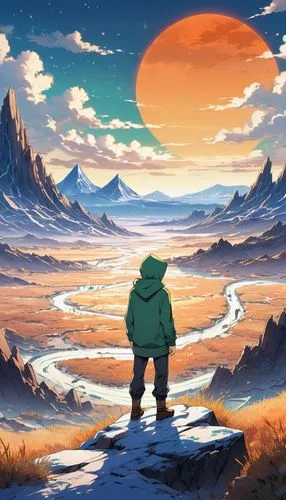 frog background,hoenn,hyrule,wanderer,mountain world,wander,adventurer,journey,the wanderer,mountain sunrise,konietzko,earthbound,cartoon video game background,journeys,ghibli,explorers,dusk background,would a background,studio ghibli,fullmetal,Illustration,Japanese style,Japanese Style 03