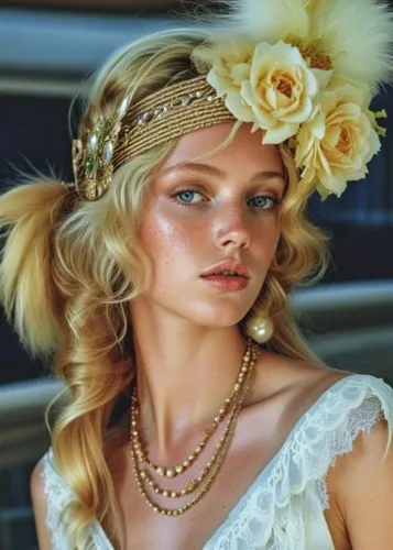 a woman is wearing a flower in her hair,bridal jewelry,headdress,headdresses,feather headdress,millinery,headpiece,Photography,General,Realistic