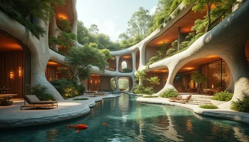 futuristic architecture,3d rendering,floating islands,tropical house,infinity swimming pool,futuristic landscape,floating island,dreamhouse,amanresorts,luxury property,beautiful home,luxury hotel,tropical jungle,luxury home,pool house,underwater oasis,ecotopia,tropical island,cube stilt houses,3d fantasy,Photography,General,Realistic