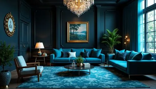 blue room,sitting room,luxury home interior,livingroom,living room,blue lamp,interior decor,ornate room,apartment lounge,great room,interior decoration,interior design,contemporary decor,modern decor,furnishings,decors,blue painting,decor,blue pillow,interiors