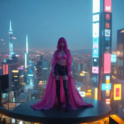 cyberpunk,giantess,above the city,lumpur,rooftop,atop