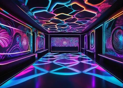 Neon-lit, futuristic nightclub, sleek lines, metallic materials, glossy floors, LED strips, strobe lights, disco balls, DJ booth, VIP area, circular bar, high ceilings, spotlights, smoke machines, las