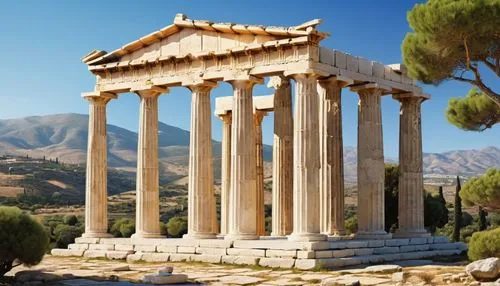 Ancient Greek temple, Doric columns, ornate carvings, marble material, smooth texture, grandiose structure, sunny day, clear blue sky, olive trees surrounding, rolling hills in background, distant mou