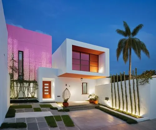 DISEÑO ESTERIOR DE UNA CASA ESTILO MINIMALISTA, USANDO EN UN VOLUMEN EL COLOR ROSA MEXICANO Y EL RESTO EN COLOR BLANCO, CON CANCELES DE ALUMINIO Y CRISTAL TRANSPERENTE, CORRCCION DE ERRORES.,a modern 