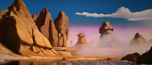 futuristic landscape,geysers,virtual landscape,fantasy landscape,cartoon video game background,alien planet,an island far away landscape,karst landscape,rock formations,background with stones,great fountain geyser,arid landscape,volcanic landscape,stone desert,alien world,rock formation,3d background,arid land,desert planet,desert desert landscape