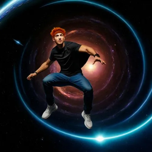 Falling Through a wormhole in space, looking down on Galaxy, High quality Cartoon style, 8K resolution, exstreme detail, No hair,,shaper,wormhole,axel jump,greek in a circle,orbiting,supernova,spiral 