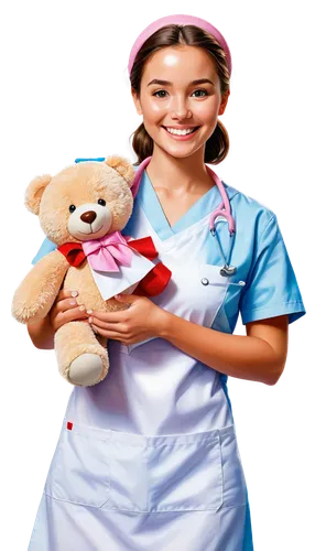 Young female pediatric nurse, smiling face, gentle eyes, soft pink scrubs, white apron, stethoscope around neck, holding teddy bear, standing with one leg bent, cute expression, cartoon style, vibrant