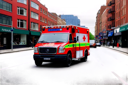 Ambulance, emergency vehicle, red body, flashing lights, sirens blaring, loud sounds, city street, daytime, dynamic angle, shallow depth of field, high contrast, vivid colors, realistic details.,an am