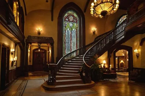 entrance hall,hallway,staircase,staircases,foyer,entryway,entranceway,stairway,upstairs,victorian,outside staircase,stained glass windows,corridors,victorian room,old victorian,stairwells,stairwell,stair,downstairs,atriums,Illustration,American Style,American Style 08