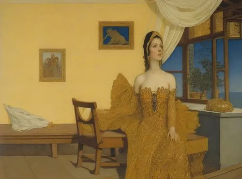 leighton,girl in a long dress,grant wood,evening dress,haynsworth,khnopff,woman on bed,william davis,woman holding pie,muyres,woman hanging clothes,colville,perugini,nightdress,girl in cloth,suaudeau,