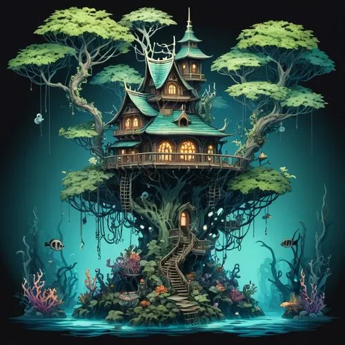 tree house,treehouse,tree house hotel,treehouses,fairy house,witch's house,Illustration,Abstract Fantasy,Abstract Fantasy 11