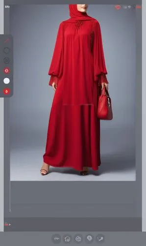 Drawing of a long veiled women red long maxi abaya with the arm positioned below the middle of the body and with plissé sleeves with red dress for Muslim hejab ,a picture of a woman wearing red dress 