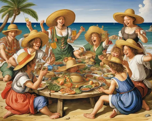 paella,round table,beach restaurant,poker table,thousand island dressing,botticelli,sicilian cuisine,christ feast,delight island,card table,holy supper,cornucopia,last supper,settlers of catan,leittafel,plate full of sand,coconuts on the beach,food table,new england clam bake,holiday table,Art,Classical Oil Painting,Classical Oil Painting 29