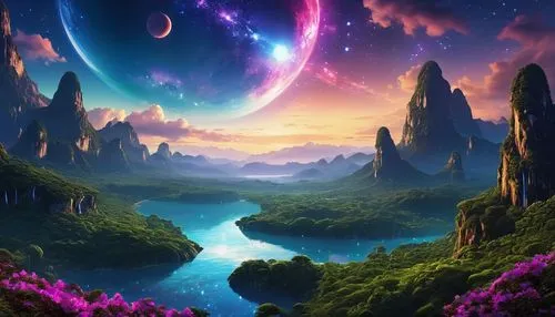 fantasy landscape,alien world,purple landscape,alien planet,fantasy picture,futuristic landscape,beautiful wallpaper,landscape background,dreamscape,unicorn background,nature background,fairy world,lunar landscape,full hd wallpaper,dream world,wonderlands,moon and star background,windows wallpaper,colorful stars,fractal environment,Photography,General,Realistic