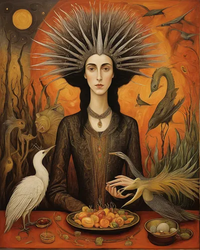 Just like a miracle, create something remarkable,woman holding pie,shamanic,shamanism,priestess,girl with bread-and-butter,crow queen,divination,woman eating apple,spring equinox,mother earth,paganism