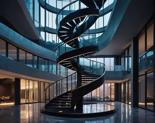 Modern, futuristic, sleek, minimalist, high-rise, skyscraper, cityscape, urban, night, LED lights, steel, glass, concrete, abstract, geometric, spiral staircase, grand atrium, panoramic view, 3/4 comp