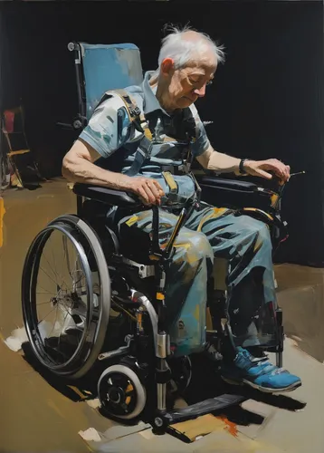 Compose a heartwarming poem about a disabled person's joy in using an exoskeleton for the first time.,elderly man,wheelchair,elderly person,elderly lady,painting technique,woman sitting,oil painting o