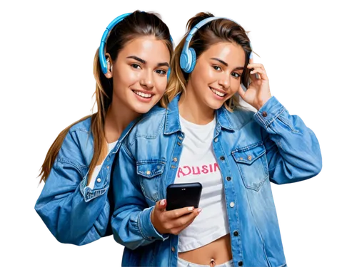 Young woman, headphones, solo, (18yo), trendy hairstyle, casual clothing, denim jacket, ripped jeans, sneakers, holding smartphone, scrolling through music app, close-up of face, soft focus, warm ligh