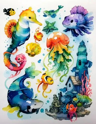 watercolor mermaid,sea creatures,water colors,watercolors,jellyfish collage,aquarium inhabitants,Illustration,Paper based,Paper Based 07