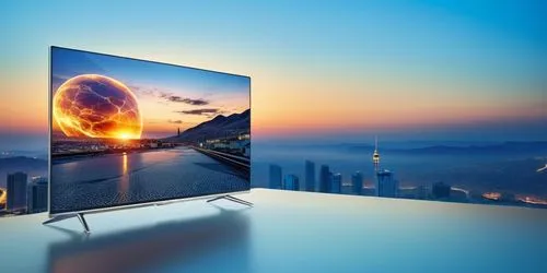 a philips TV under the glass. more building background with city light effect,a large tv on top of a desk in front of a city,plasma tv,smart tv,hdtv,television,hbbtv,zdtv,Photography,General,Realistic