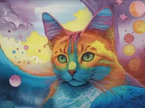 an art print of a cat's face with space in the background,watercolor cat,starclan,cat on a blue background,felino,krita,bastet,Illustration,Realistic Fantasy,Realistic Fantasy 25