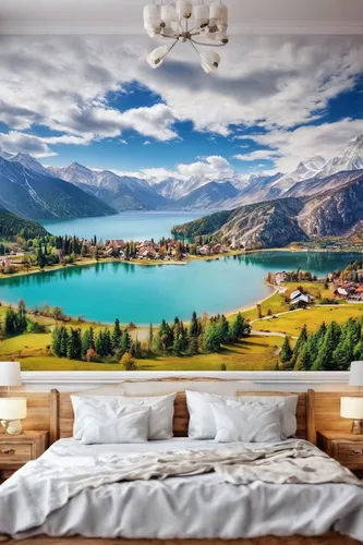 Next to the mountain lake Landscapes wallpaper mural Photo wallpapers Demural,panoramic landscape,wall decoration,lake lucerne region,austria,landscape background,montenegro,great room,beautiful lands