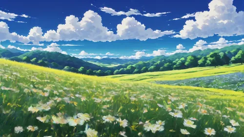 blooming field,meadow landscape,spring meadow,summer meadow,flower field,springtime background,dandelion field,mountain meadow,spring background,landscape background,alpine meadow,dandelion meadow,grassfields,meadow in pastel,meadow,clover meadow,field of flowers,flower meadow,flowering meadow,blanket of flowers,Illustration,Japanese style,Japanese Style 05