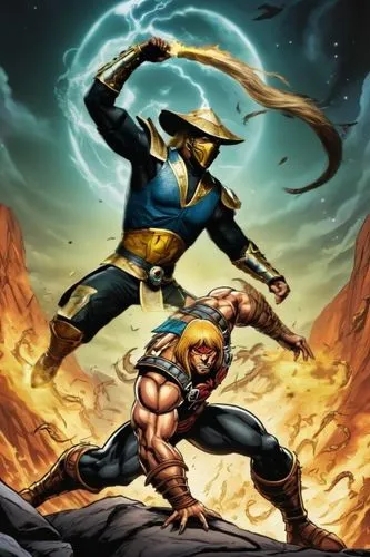 Raiden from Mortal Kombat,an image of two men wrestling in front of a lightning,asgardians,ultraverse,goldar,dreadstar,zauriel,hawkman,heimdall,thunderstrike,randor,hawkworld,atlantean,sabretooth,cyra