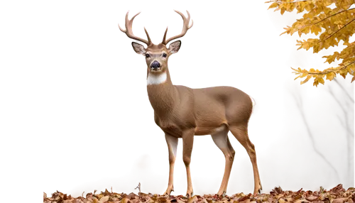 White-tailed deer, majestic antlers, brown fur, white underside, gentle eyes, soft nose, mouth slightly open, ears perked up, standing pose, strong legs, hooves visible, natural habitat, autumn leaves