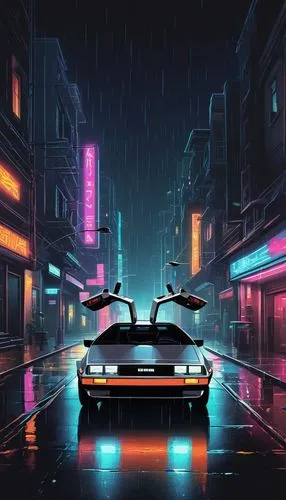 DeLorean, pixel art style, 80s futuristic car, stainless steel body, gull-wing doors, flashing headlights, neon lights, sci-fi elements, cityscape at night, rainy streets, dark alleys, misty atmospher