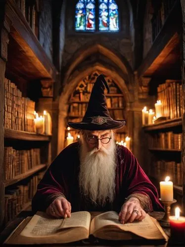 Wizards, study, medieval, mysterious, ancient, dusty, dimly lit, wooden desk, leather-bound books, candles, intricate runes, crystal ball, pointed hat, long white beard, wise eyes, spectacles, velvet 