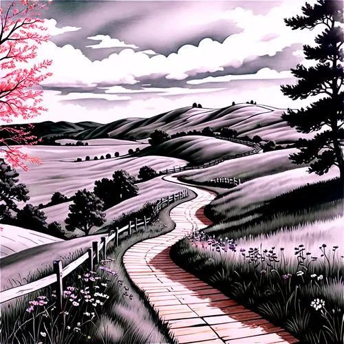 hiking path,pathway,springtime background,purple landscape,salt meadow landscape,japanese sakura background,winding road,lavender fields,pink grass,landscape background,mountain road,rural landscape,blooming field,rolling hills,scenery,sakura background,japan landscape,hills,trail,yamada's rice fields,Illustration,Black and White,Black and White 30