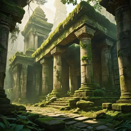 Ancient, mystical, megalithic architecture, stone blocks, intricate carvings, moss-covered walls, ruined city, abandoned temple, jungle overgrowth, vines crawling up columns, mysterious atmosphere, fo