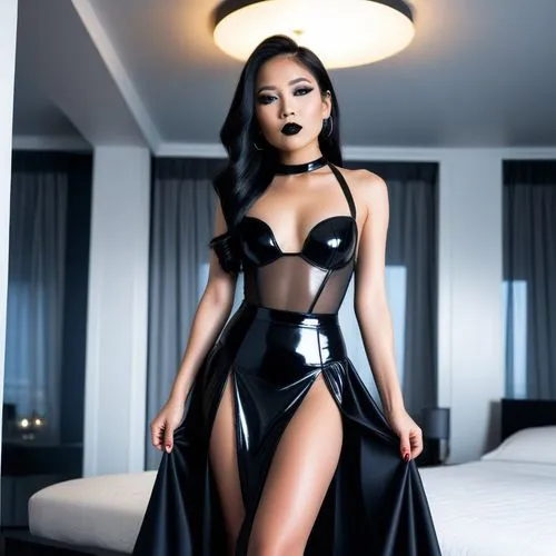 high heels black eyeshadow, eyeliner and black lipstick, inside modern room at night, long black transparent skirt. one piece bodice with solid halter top, long tight shiny black gloves,a woman wearin