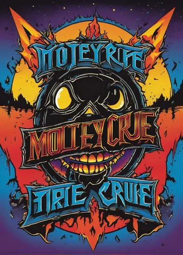 Design a vibrant and energetic Motley Crue logo suitable for a high-energy music festival.,cd cover,mercury cyclone,fourty miles,rescue alley,fire logo,ring of fire,cruise,heterocyle,mole,bullet ride,