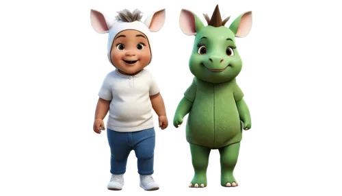 cute rhinoceros, cartoon style, green skin, big brown eyes, smiling face, small horn, fluffy ears, white belly, short legs, standing posture, playful action, vibrant colors, soft lighting, 3/4 composi