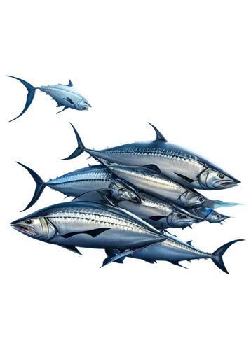 school of bluefin tuna, underwater scene, large group, swimming together, shiny scales, silver belly, dark blue back, sharp teeth, open mouth, 3D rendering, realistic texture, soft lighting, cinematic