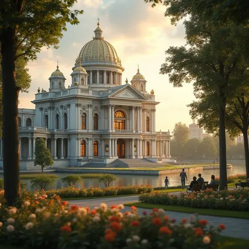 Grand opera house, majestic building, ornate details, white marble columns, golden domes, stained glass windows, lush green park surroundings, vibrant flower beds, tall trees providing shade, serene l