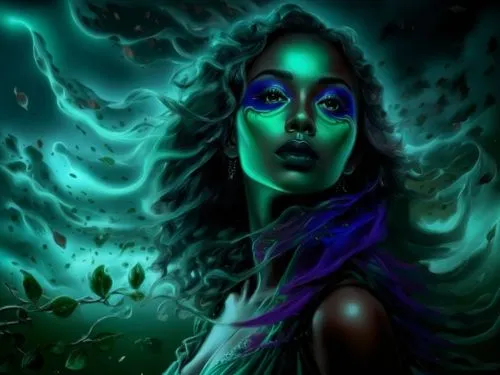 nude Beautiful nigerian girl, full dark curly hair, big green almond eyes, full black lips, misty sky,an image of a woman with bright colors on her body,leota,blue enchantress,enchantress,the enchantr