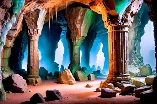 stalagmites,caverns,pillars,stalagmite,columns,khandaq,caves,artemis temple,ancient city,neo-stone age,the blue caves,rivendell,cartoon video game background,labyrinthian,pillar capitals,sea caves,megaliths,hall of the fallen,roman columns,the sculptures,Illustration,Abstract Fantasy,Abstract Fantasy 13