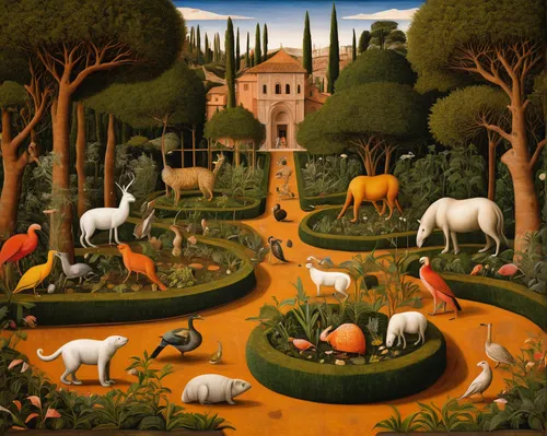 vegetables landscape,garden of eden,kennel club,agriculture,hunting scene,animals hunting,forest animals,farmyard,secret garden of venus,woodland animals,animal lane,animal zoo,farm landscape,garden of plants,animal world,grant wood,pere davids deer,whimsical animals,livestock,round animals,Art,Classical Oil Painting,Classical Oil Painting 19