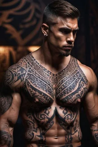 Muscular guy, shoulder blade tattoos, bold black ink, intricate designs, tribal patterns, geometric shapes, 3D effects, ripped sleeveless shirt, athletic build, intense facial expression, dramatic lig