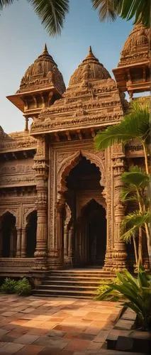 South Indian architecture, ancient temple, intricate carvings, ornate sculptures, vibrant colors, tall pillars, grand entrance, detailed stone work, arches, domes, towers, Hindu mythology-inspired des